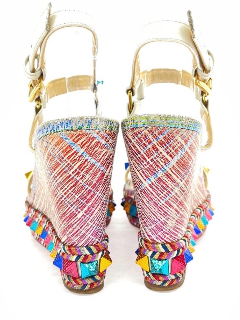 CHRISTIAN LOUBOUTIN Pyraclou Colorful Spike Bead Wedge Red Bottom Heels Sandals - Picture 7 of 9